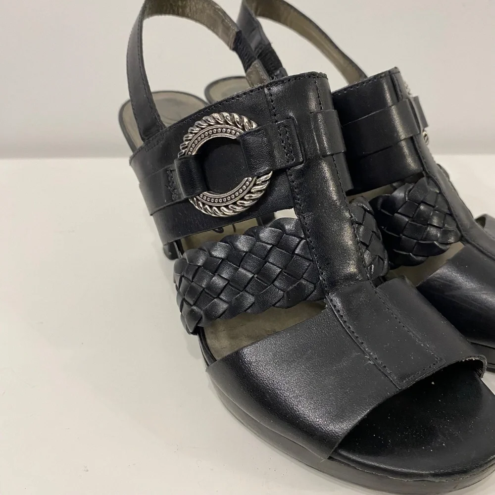 Brighton‎ Black Leather Braided Slingback Heeled Sandals Silver Hardware Buckle